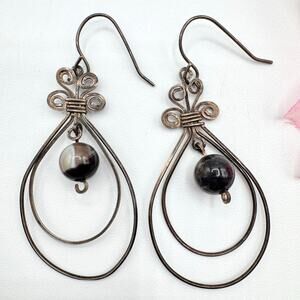 Artisan Silver Wire Wirework Bead Dangle Earrings Tested Patina Romantic Ornate